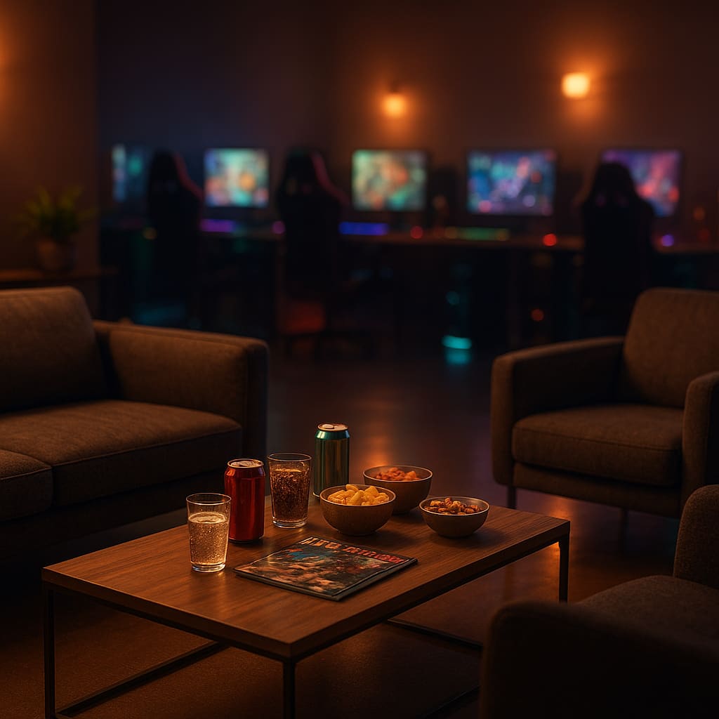 Gaming Lounge mit Snacks und Getränken