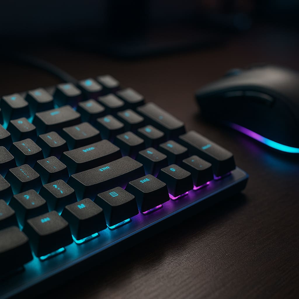 Detailaufnahme von Tastatur und Maus mit RGB-Beleuchtung